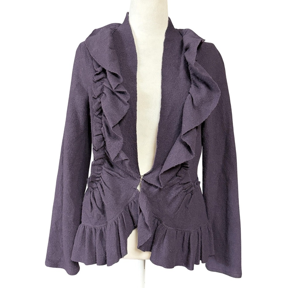 Charlie & Robin Cardigan Womens Medium‎ Purple Ruffle Wool Sweater Jacket Hooks
